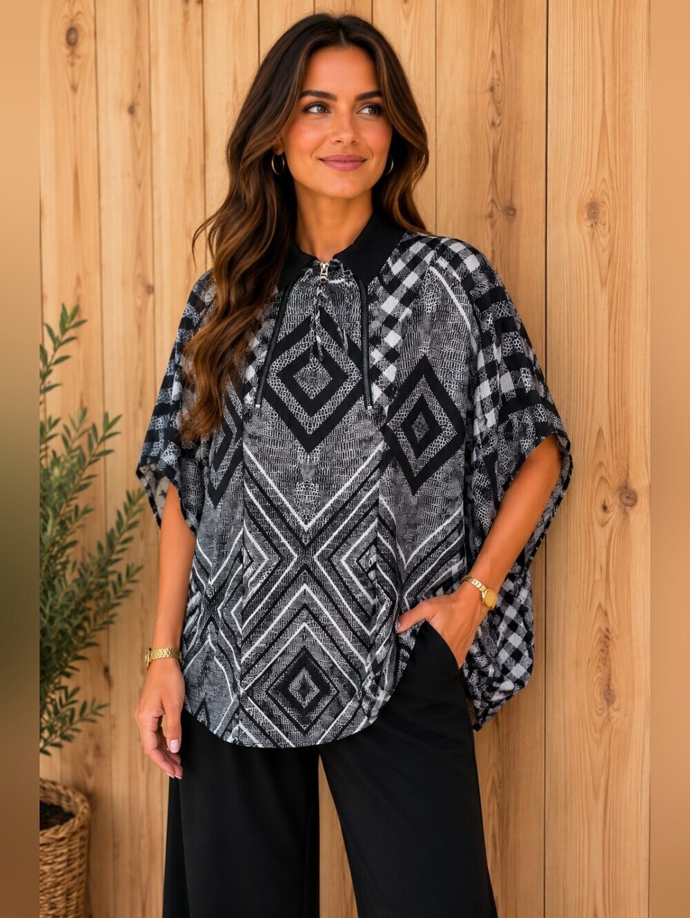 L.A.M.B. Black & Gray Geometric Zip-Poncho Sweater